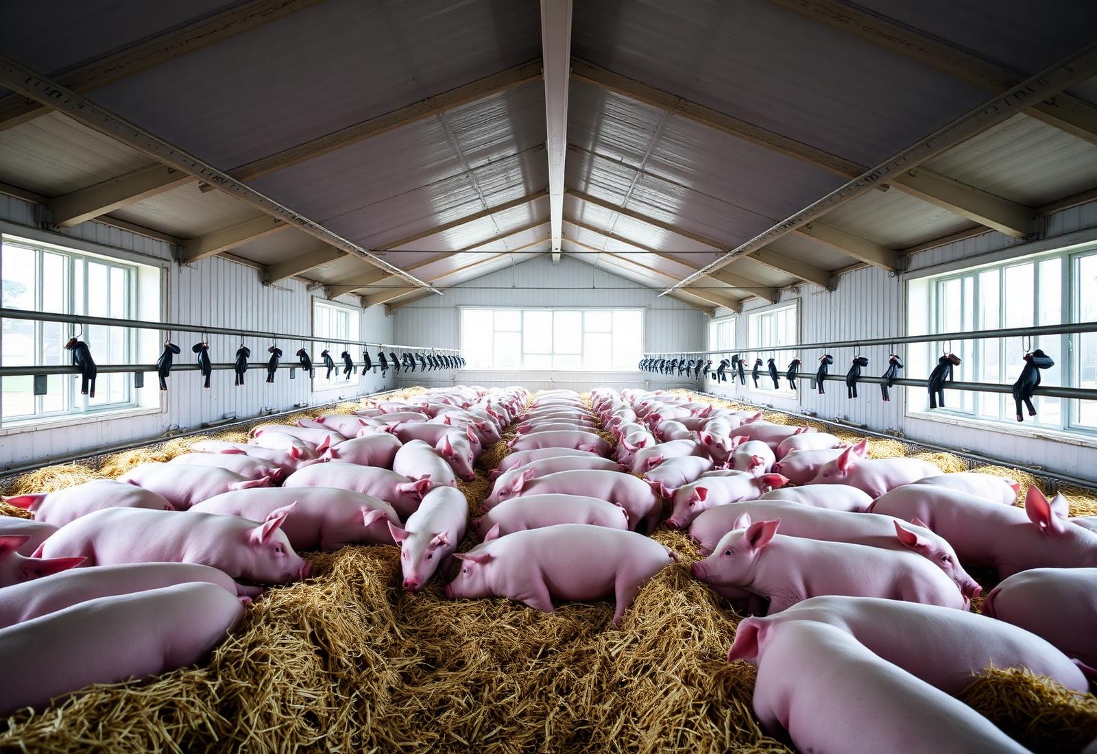 Ljus och ren grisstall med friska grisar på halmbädd